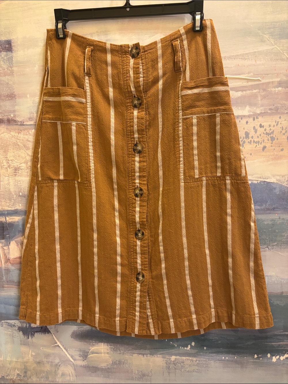 Classic Button-Front Striped A-Line Skirt in Mustard